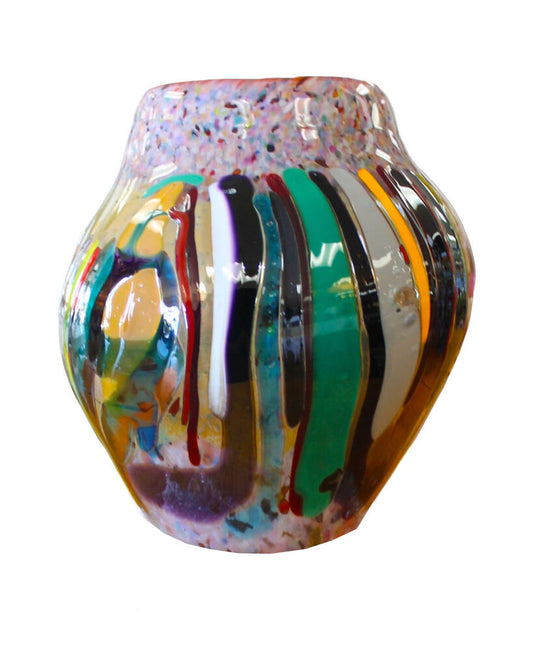 Signed John Gerletti Blown Art Glass Multi-Color Verticle Stripe Bowl 10Dia 8H