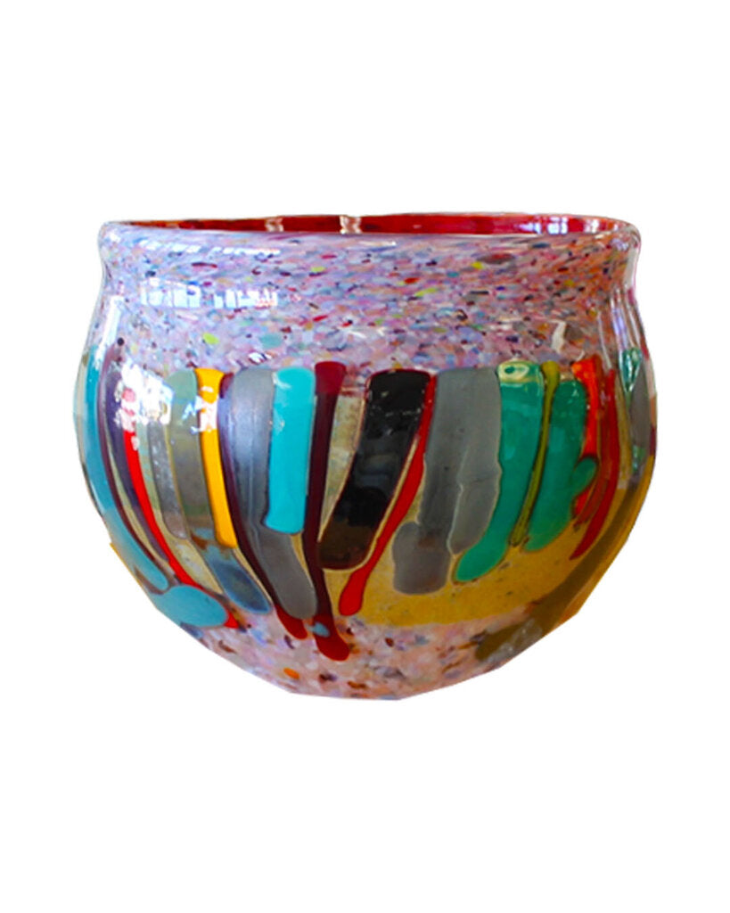 Signed John Gerletti Blown Art Glass Multi-Color Verticle Stripe Bowl 9Dia 10.25H