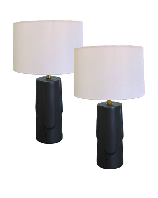 Black Ceramic w/Patina Brass Knob Table Lamps 26H - PAIR