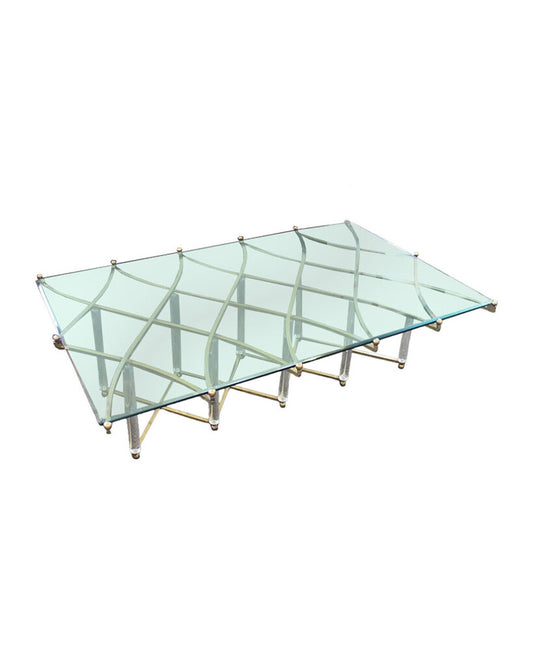 Charles Hollis Jones Lucite & Brass Beveled Glass Top Coffee Table 57 x 36.75 x 16.5H