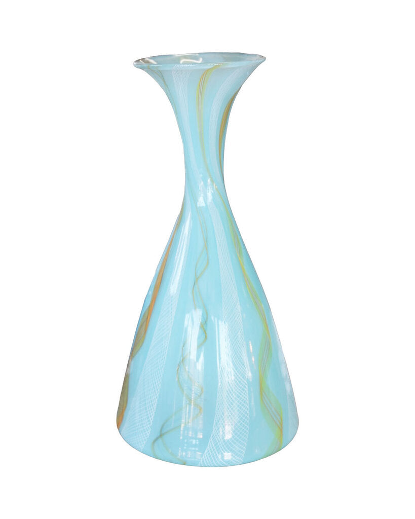 Signed Hobart 2022, Light Blue, Orange, White Art Glass Vase 7Dia 13.5H