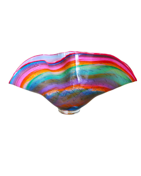 Signed Bruce Freund Multi-Color Rippled Edge Bowl, Red Lip 19.5W 10D 10H