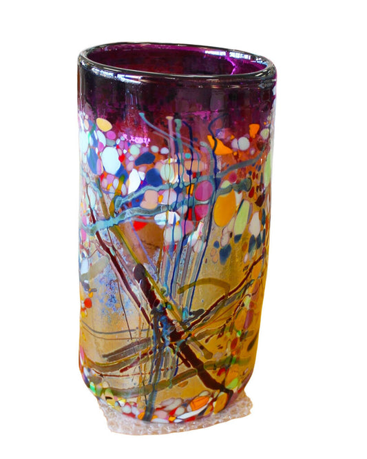 Signed John Gerletti Blown Art Glass Abstract Mosaic Vase 7.5Dia 14.5H