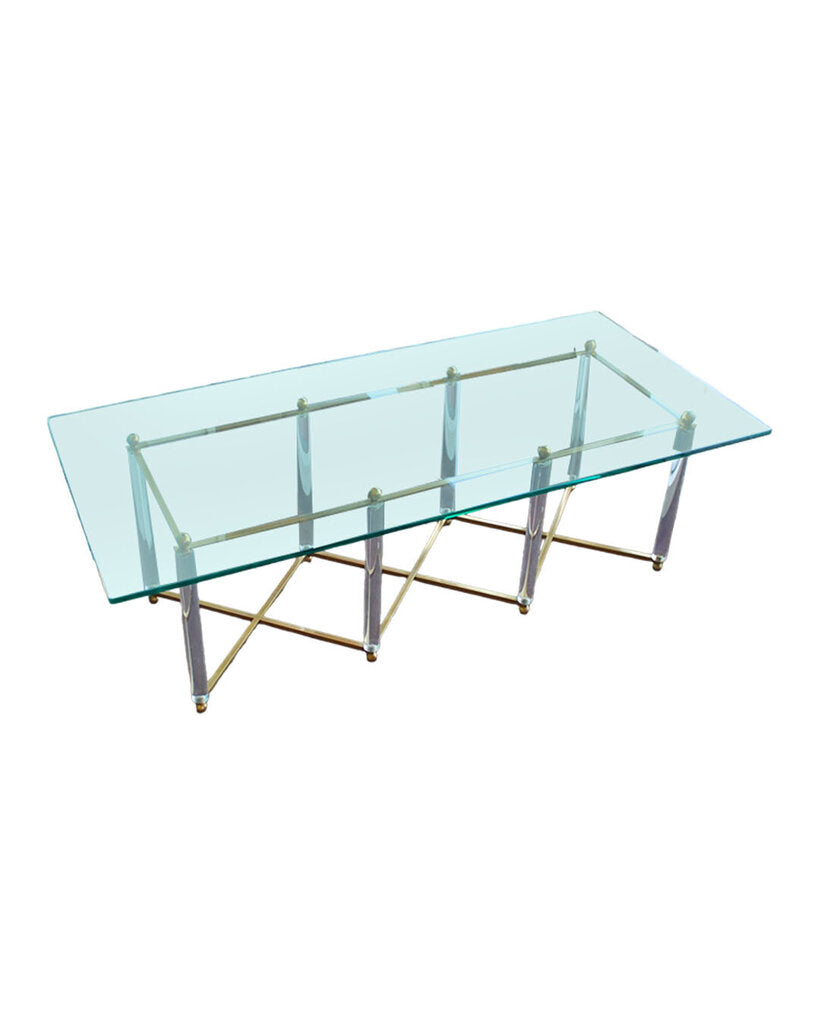 Charles Hollis Jones Lucite & Brass Beveled Glass Top Coffee Table 52 x 24 x 16.5H