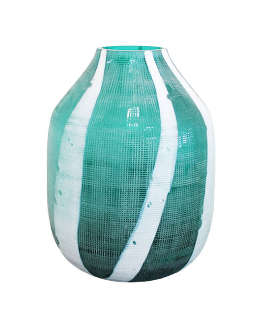 John Richard Aqua Green Etched Glass Vase 12H