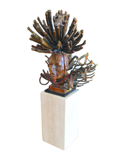 Theodore Gall "Urchin Head" Sculpture on Marble Base, Antique Bronze/ Chinese C/A 14H