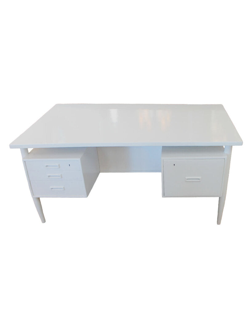 Mid-Century White Lacquered Desk w/Drawers, & Shelves 57W 27.5D 29.25H