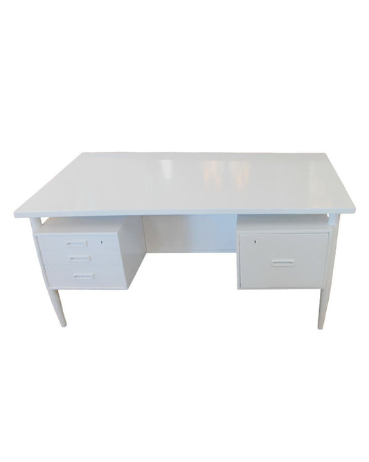 Mid-Century White Lacquered Desk w/Drawers, & Shelves 57W 27.5D 29.25H