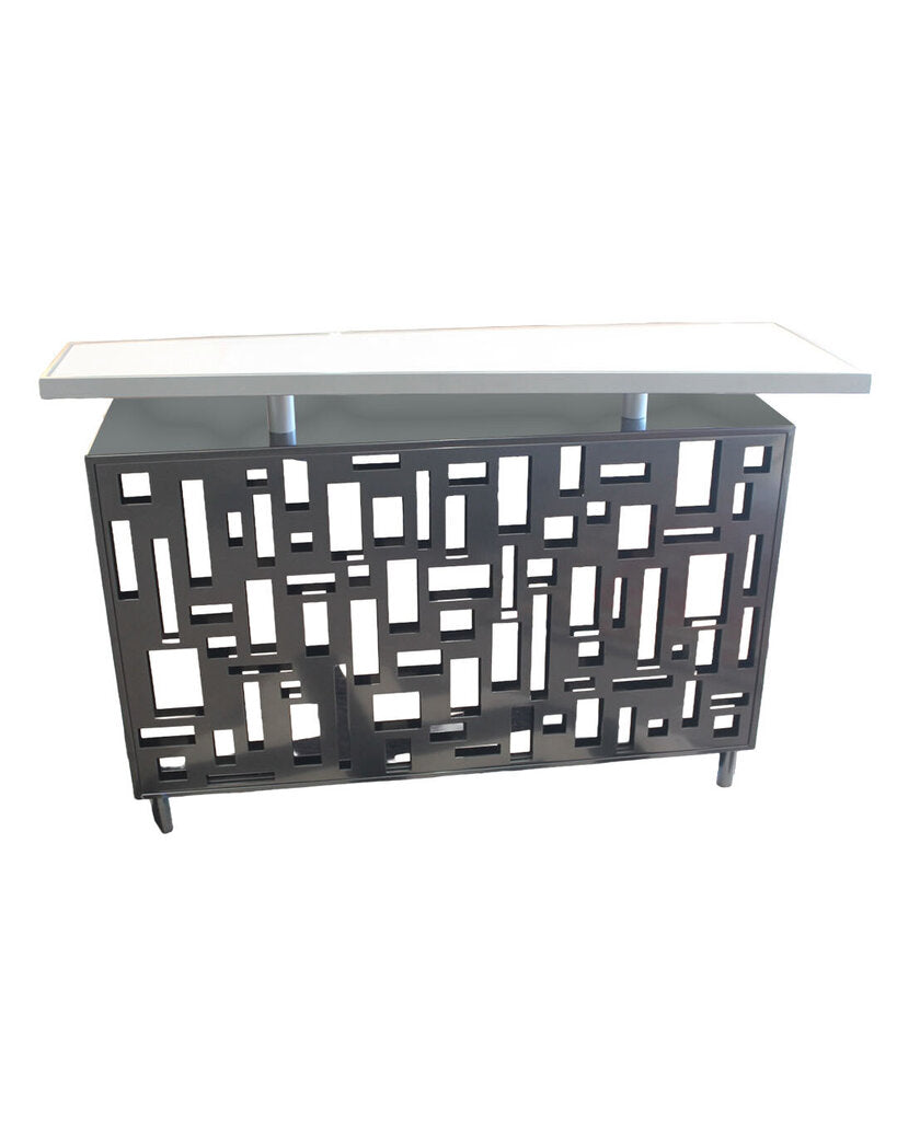 "Elite Modern Skew Freestanding Bar w/Powdered Coat Finish, Top in White Glass" 56W 21D 40H.