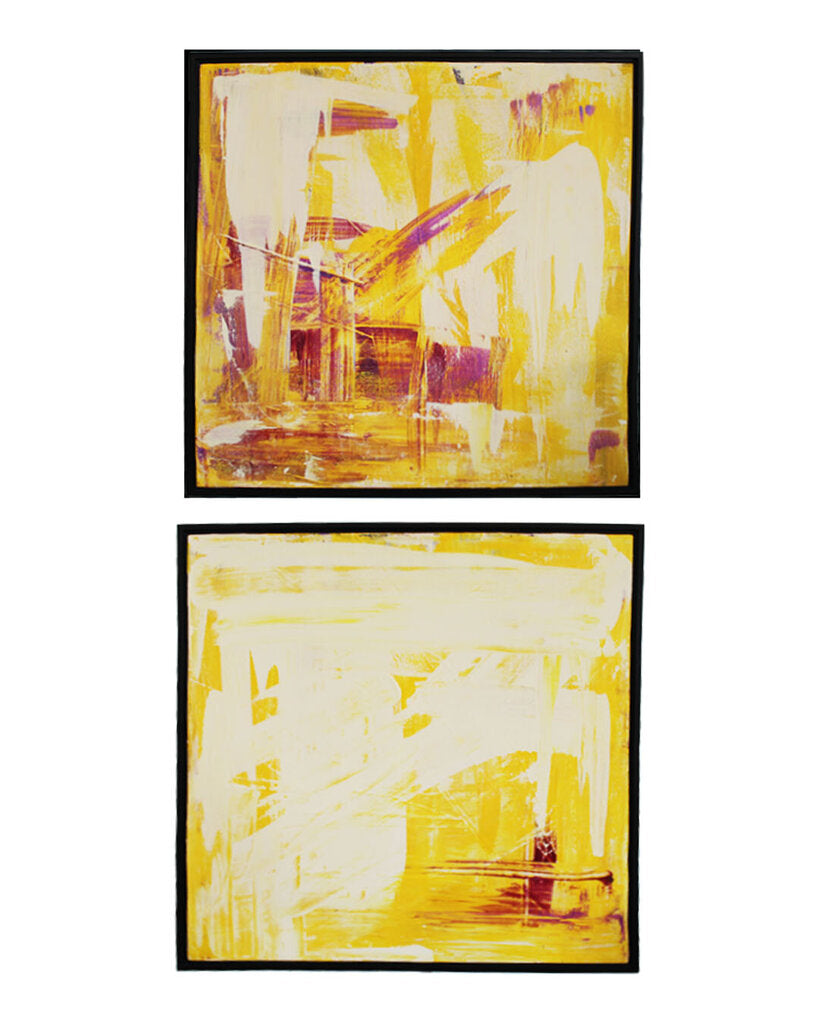 Signed Ty Cohen Yellow w/Color Oil on Canvas, Mood 1 & Mood 2" 25.25 SQ. - PAIR.