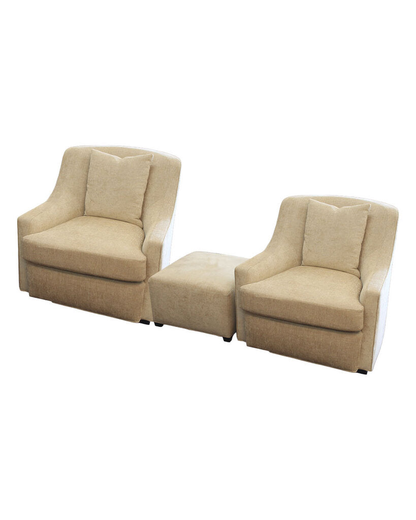 Beige Upholstered Arm Chairs w/Ottoman 35W 40D 33.5H - PAIR