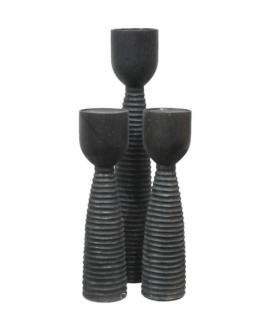 Hand-Carved Mango Wood Ribbed Candleholder 20H, 27.75H - SET OF 3