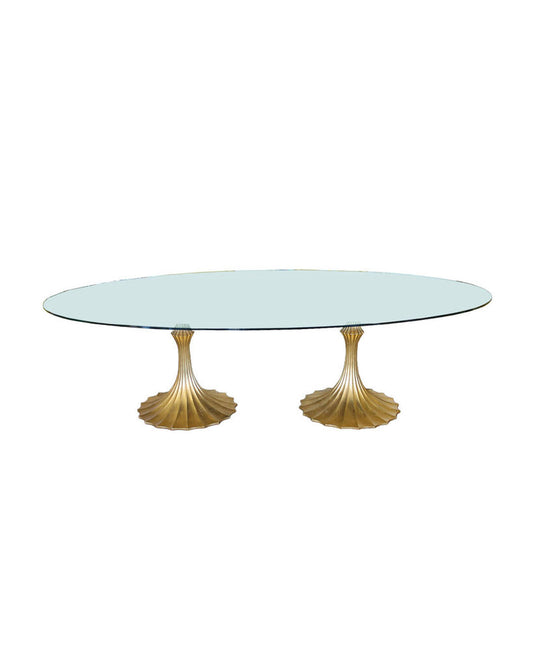 Global Views Gold Flute Table Bases in Gold Leaf w/Oval Glass Dining Table 108W 60D 30.5H