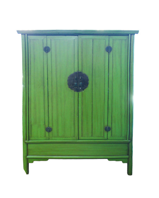 Chinese Lime Green Lacquer Moon Face Tall Cabinet Armoire 55W 28.5D 77.75H