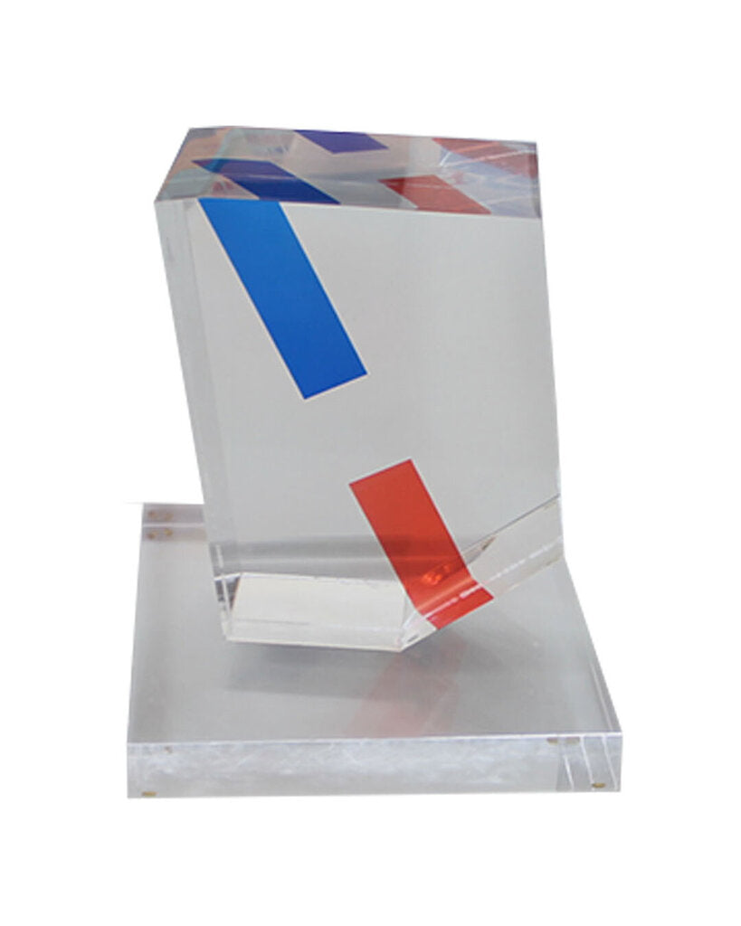 Blue & Red Stripe Lucite Diagonal Sculpture Signed Zeigler 10.25Sq 13H