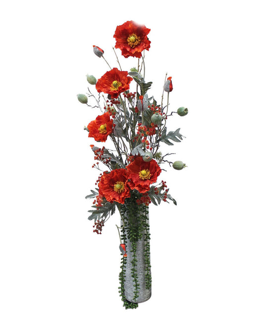 Red Poppies Floral, Cylindrical Silver Vase 41H