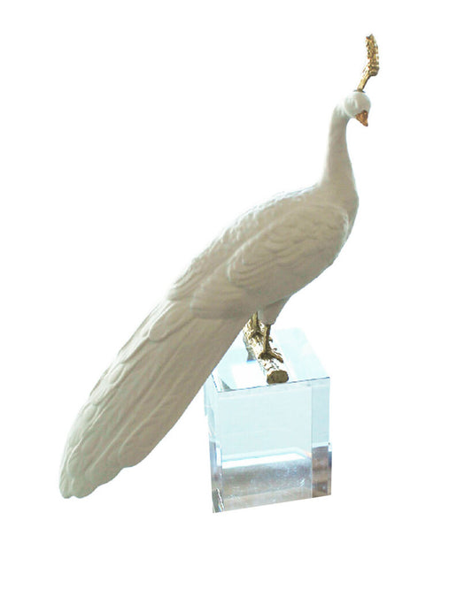 John Richard White Peacock Sculpture on Crystal Base 16"H