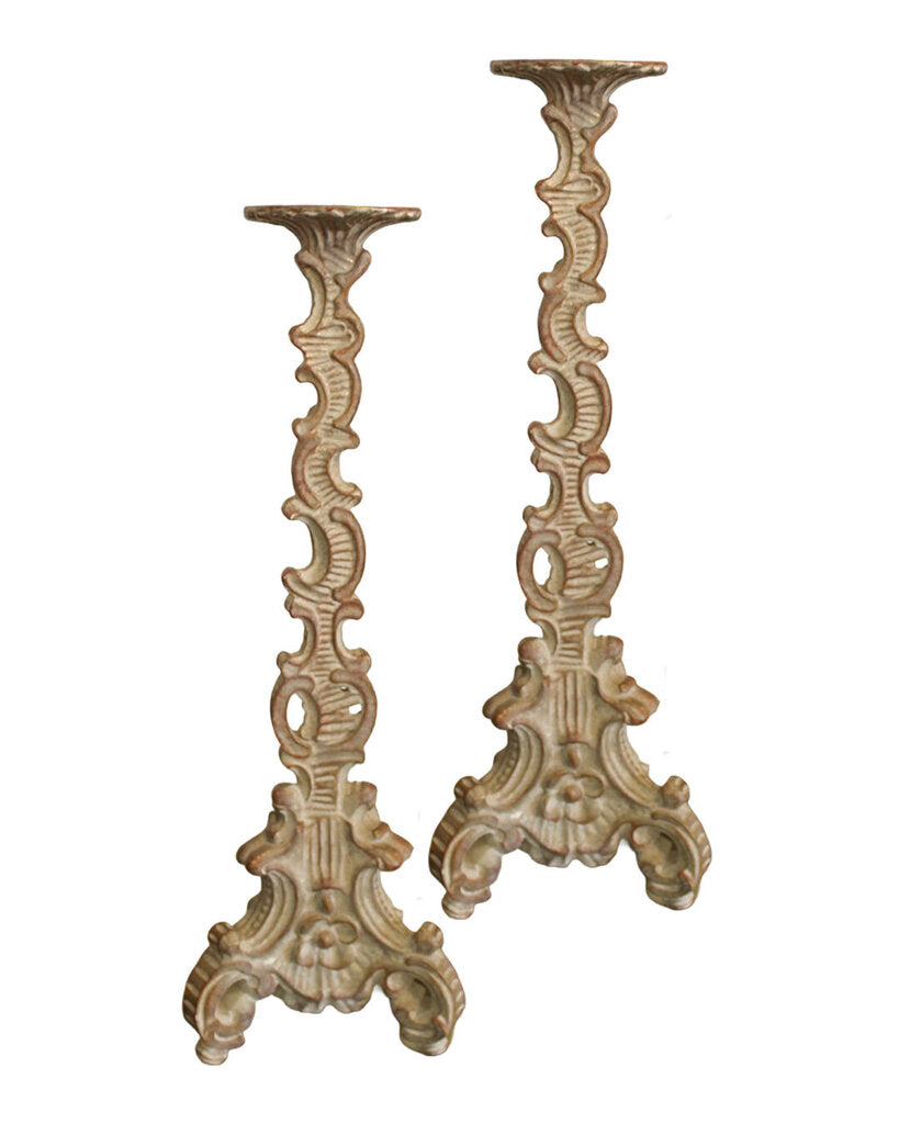 Vintage italian Carved Painted Wood Muted Silver Candlesticks