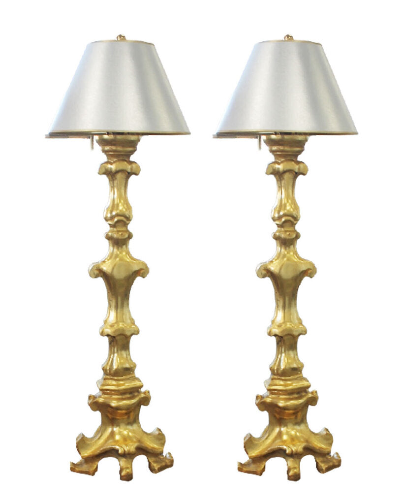 Italian Gilded & Carved Wood Candlestick Lamps 48H - PAIR