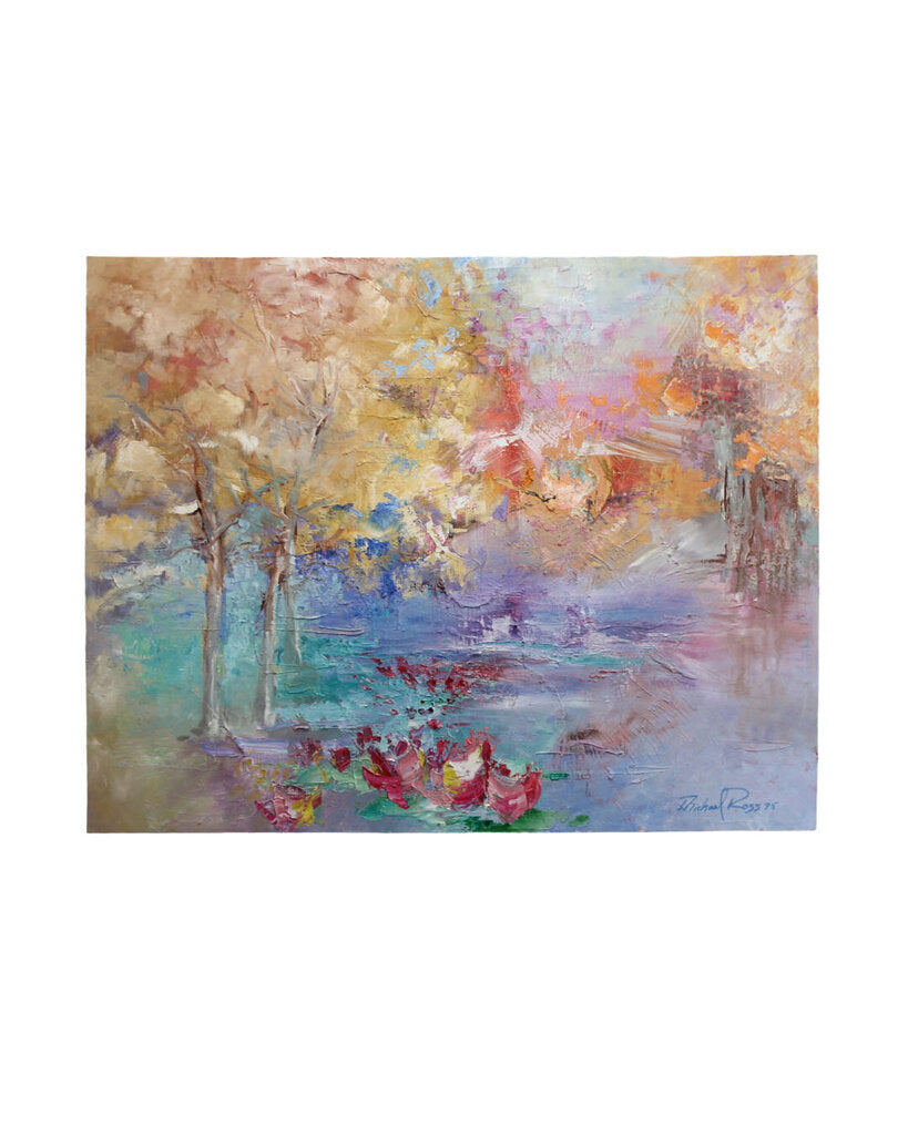 Abstract Composition Signed Michael Ross '95 Oil on Canvas, Multi-color Landscape 63W 49H