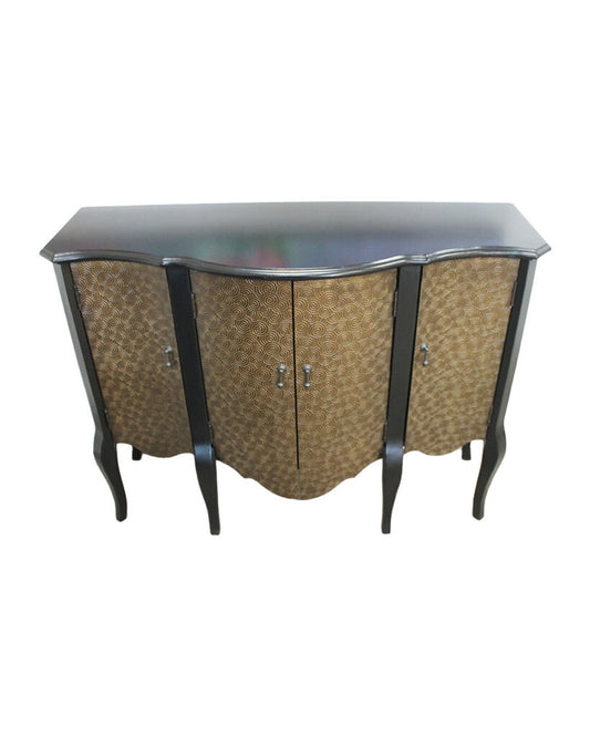 Four Door Bowed Black Credenza w/Burnished Gold Pattern 48W 18D 36.75H