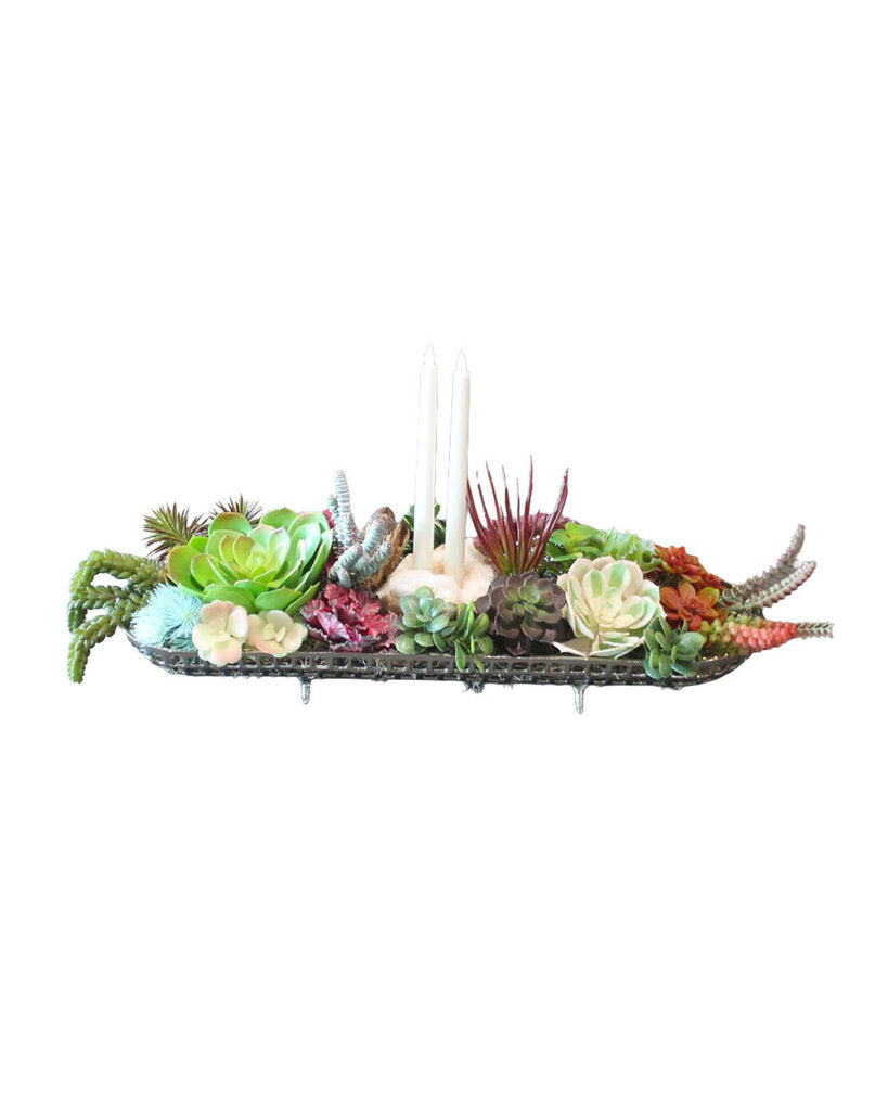 Oblong Silver Centerpiece w/Succulents & 2 Candles 31 x 9.5 x 15H
