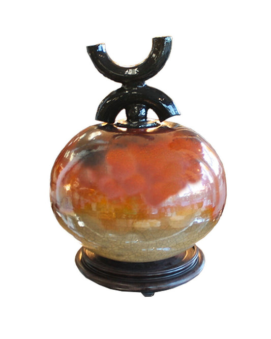 "Lidded Hand Thrown Raku Vessel w/Glaze, Oriental Style Lid" 15 Dia. 20.5H