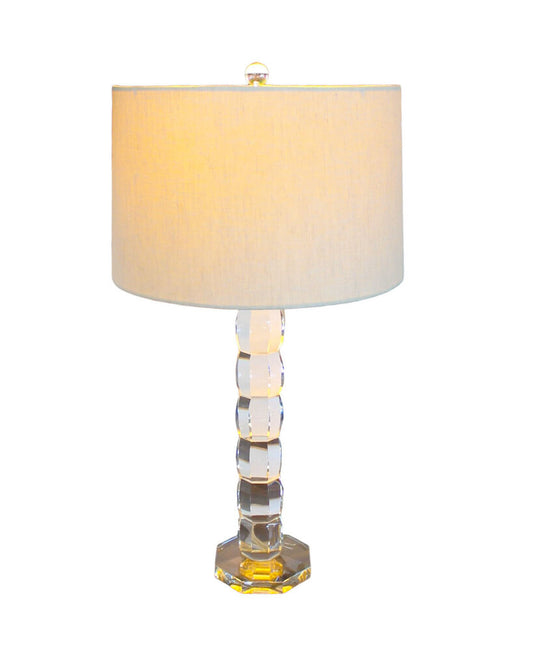 Stacked Crystal Facet Cut Table Lamps w/Ivory Shades 28H - PAIR