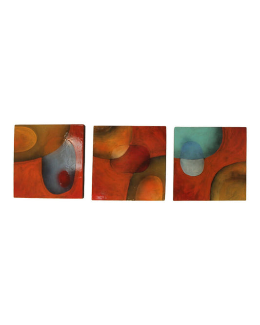 Shawn Savage Triptych Lacquered Abstract Vibrant Warm Colors on Board 12" Sq (Set of 3)
