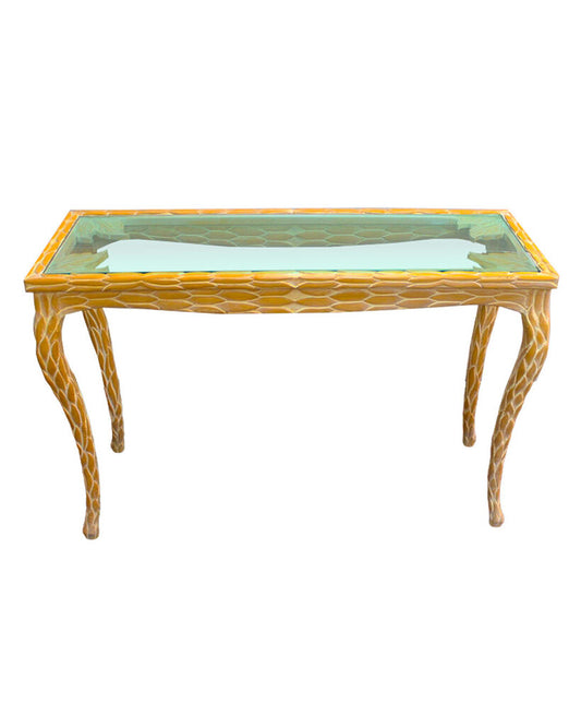 Natural Carved Wood Console w/Glass 42W 15D 28H