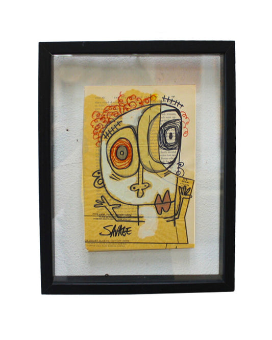 Signed Savage Black Framed Mixed Media on Newsprint 12" x 15"