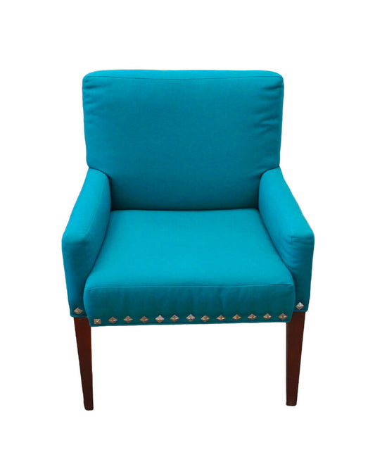 Uphol. Vanity/Desk Arm Chair, Blue with Metal Accents