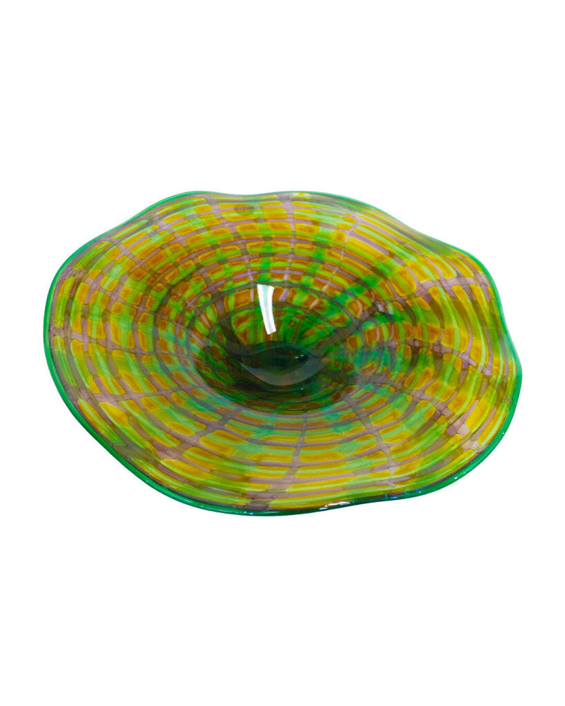 Signed Muller Fusion Czech Rep. Iridescent Footed Bowl 9 x 7.5 x 4H