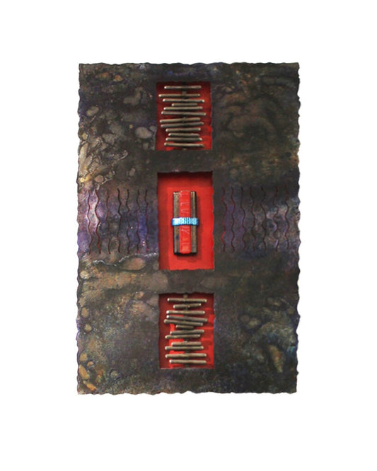 Flame Painted Copper & Resin Wall Art, Blue & Brown Patina, Signed 2012 13 x 21H
