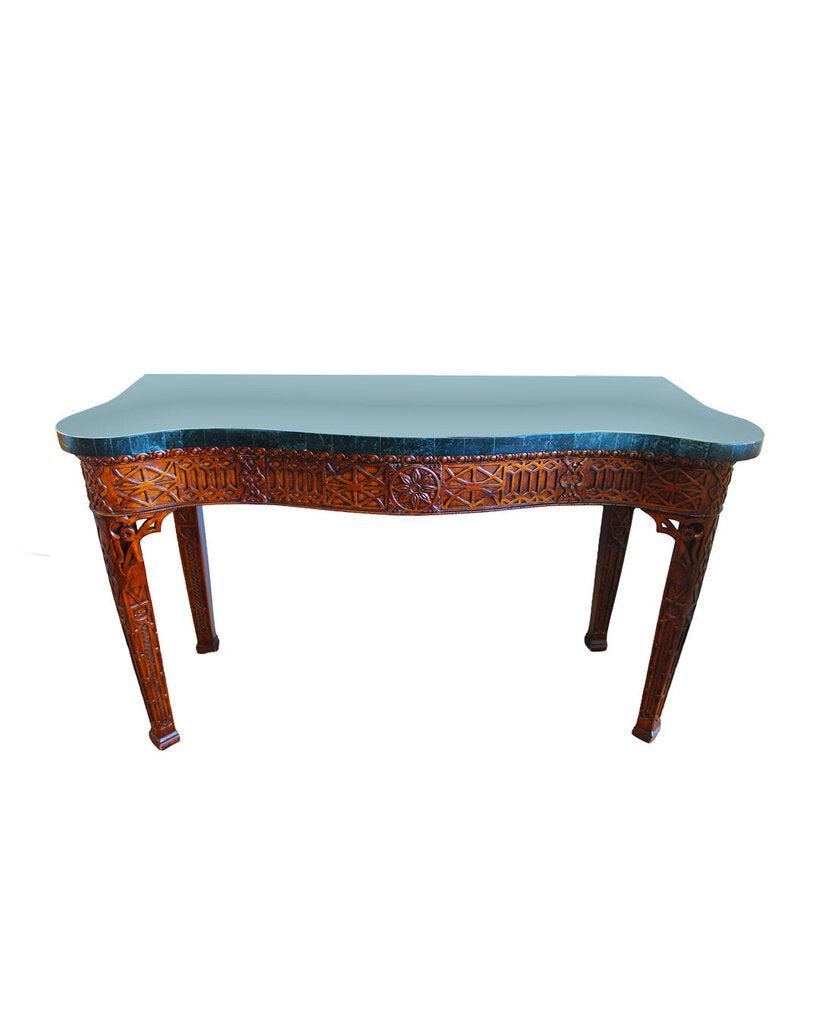 Maitland smith Carved Mahogany Serpentine Console w/Tessellated Marble Top 56W 21D 33H
