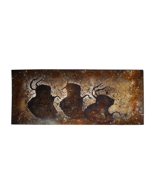 Signed "Buffalo Stampede Petroglyph" Textured Acrylic on Steel, Plastered Back 19W 46H