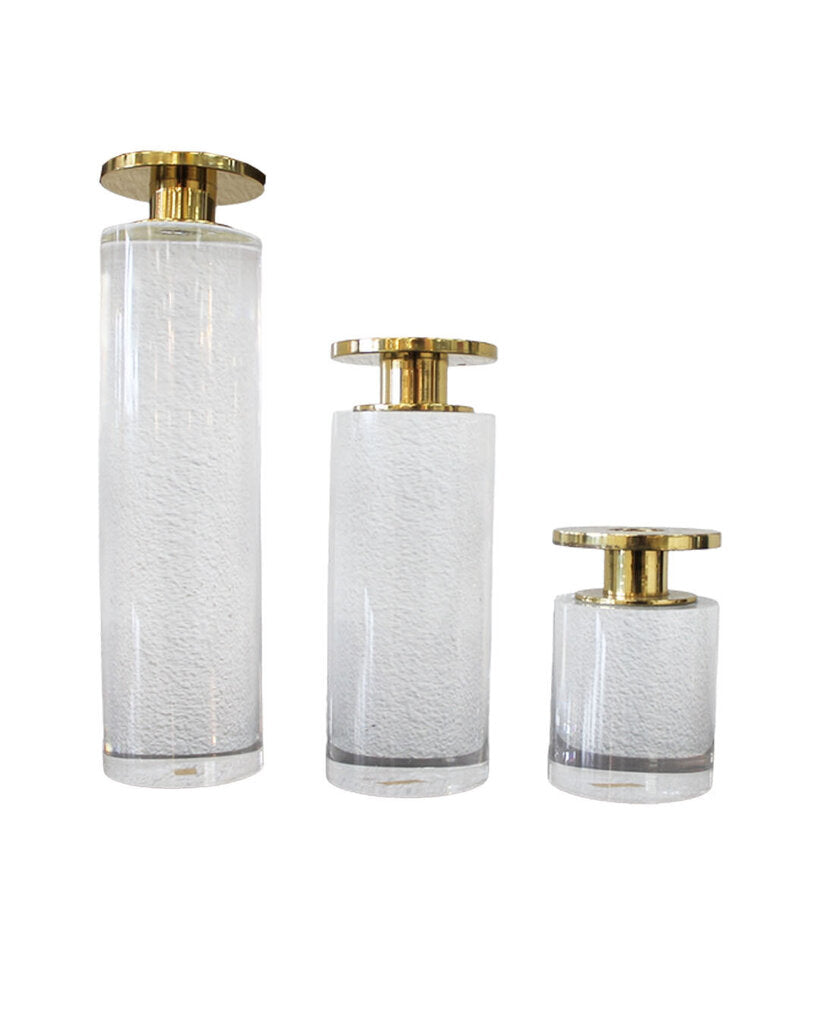 Trio of Lucite & Brass Cylindrical Candle Sticks 10H 7.5H 4.25H