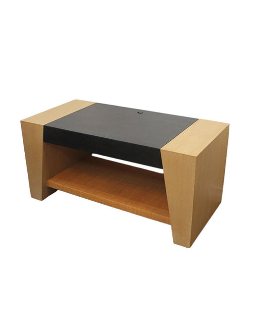 1980's Steven Chase Blonde & Painted Black Tables, 2-Drawer, Open Shelf 54W 26D 26.25H - PAIR