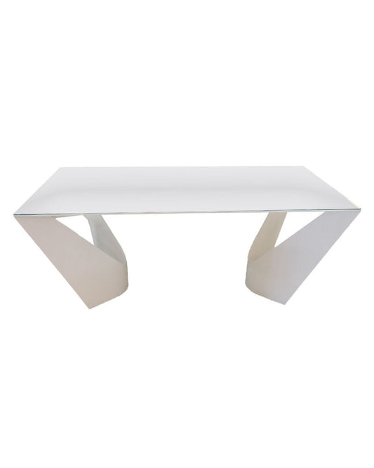 Roche Bobois Esstisch "Surprise" White Dining Table, Metal Base, Glass Cover 75 x 39.25 x 29.5H