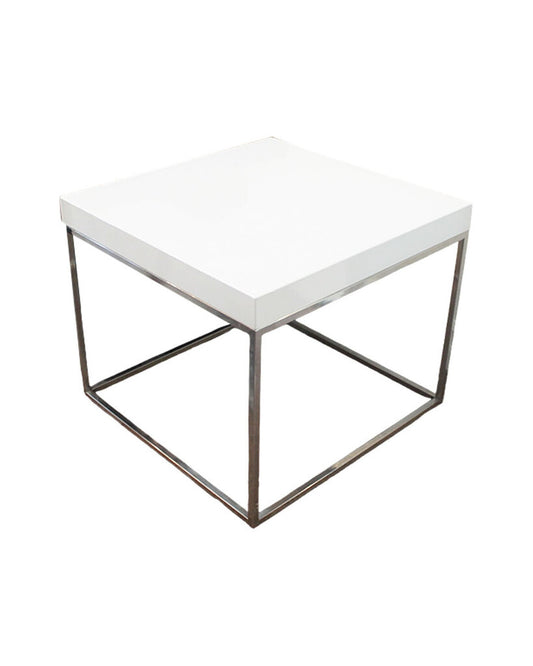 White Lacquer Top w/Chrome Steel Frame Side Table 23.5Sq 19.75H