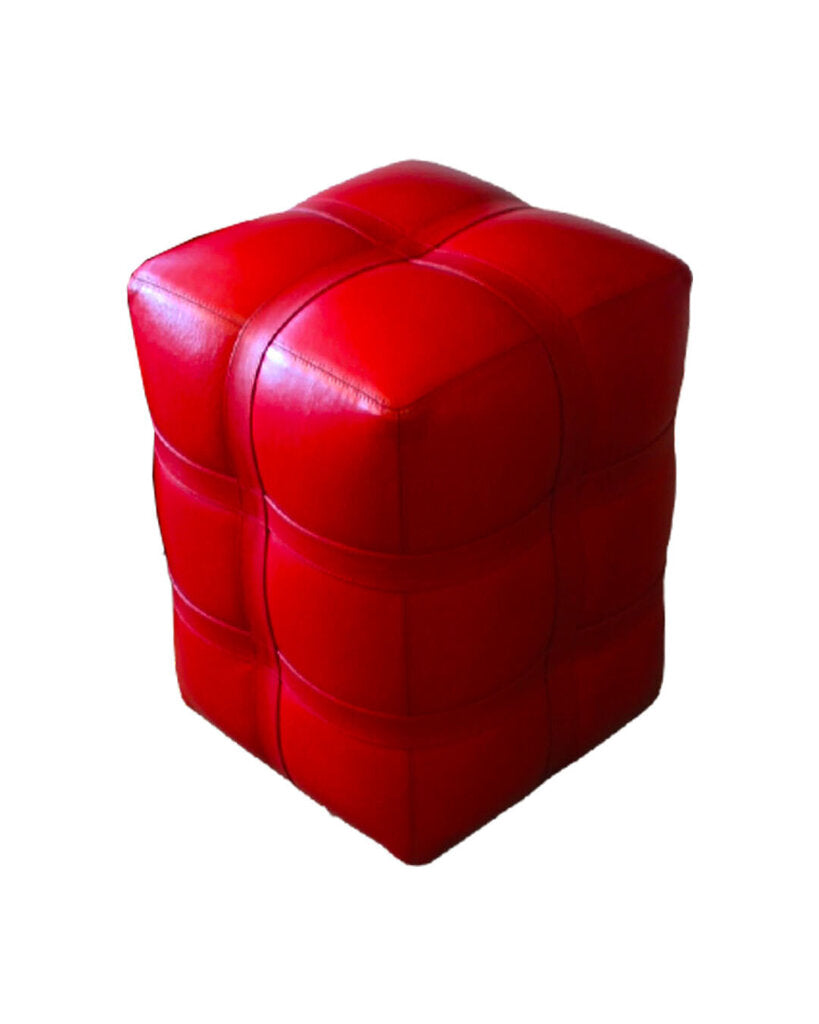 Global Views Quilted Red Leather Ottoman 14.5Sq 19H
