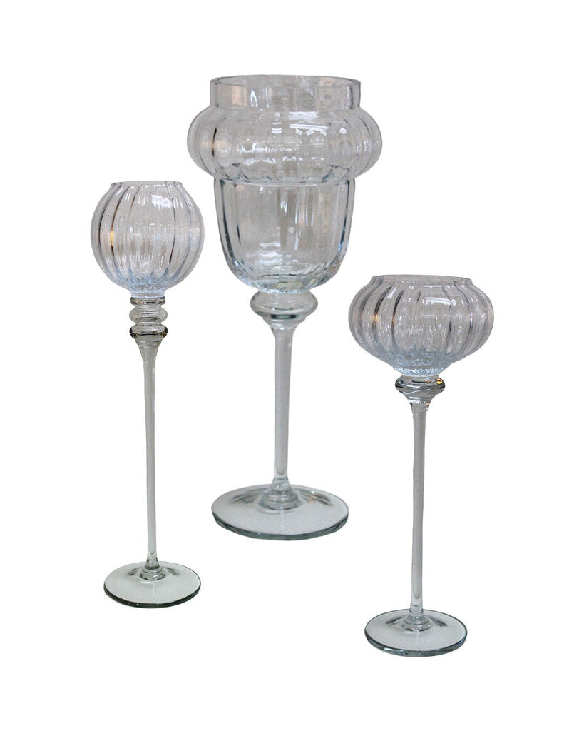 3-Pc Long Stem Glass Candle Holders 13.5H 16H 22.5H