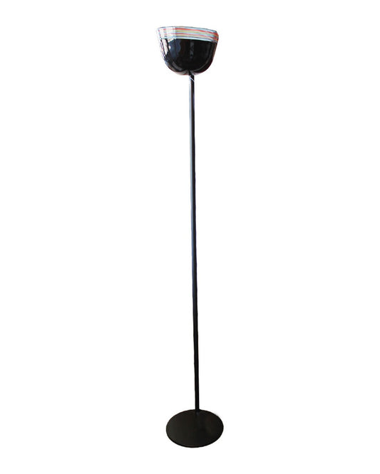 Post Modern Black Lacquered Metal & Murano Glass Shade Torchiere Floor Lamp 75.75H