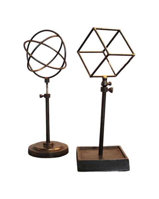 Metal Cube & Armillary Sphere on Stands - PAIR