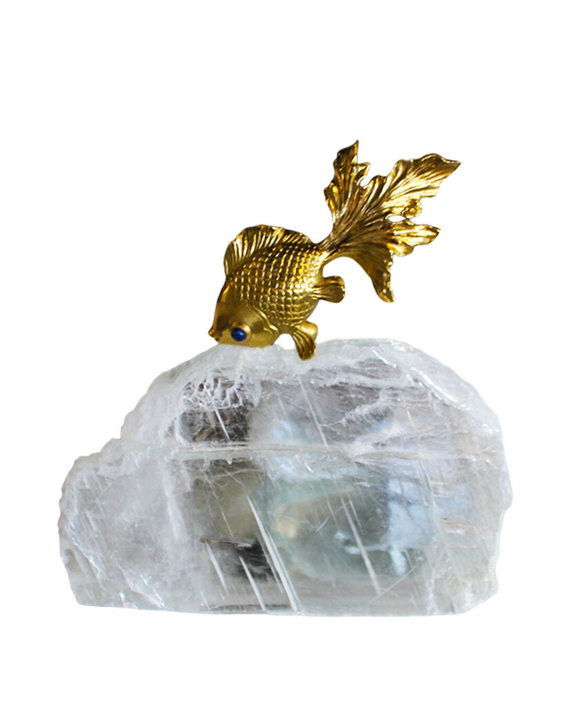 John Richard Brass Fantail Goldfish Sculpture on Selenite 8.5W 8.75H