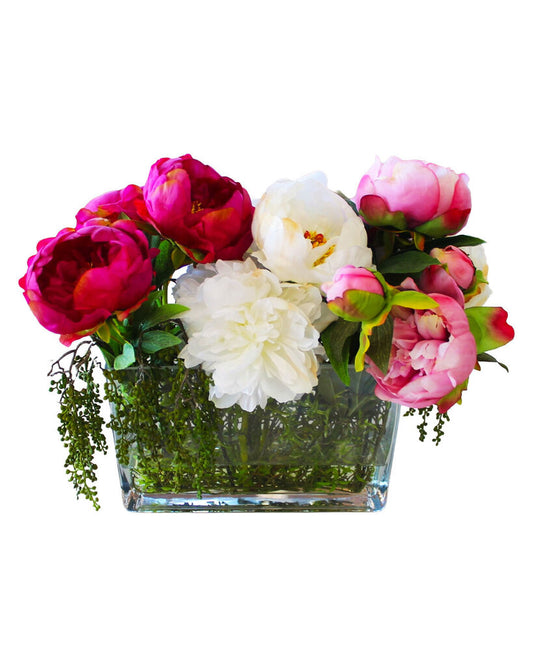 Peony & Berry Silk Flower Arrangement, Rectangle Glass