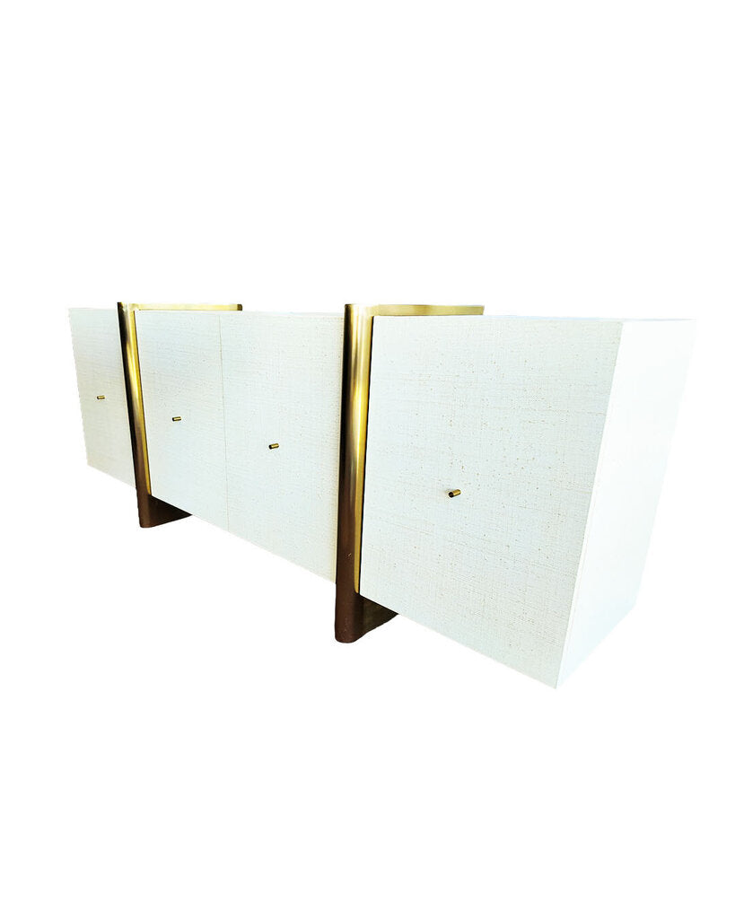 Dorset White Lacquered Linen Credenza by CB2, Brass Finished Legs 81W 18D 32H