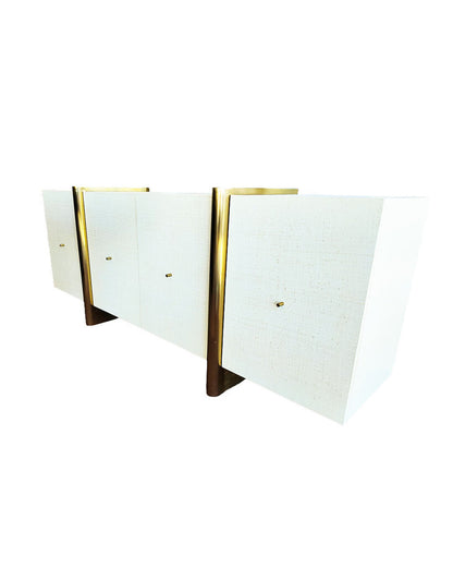 Dorset White Lacquered Linen Credenza by CB2, Brass Finished Legs 81W 18D 32H