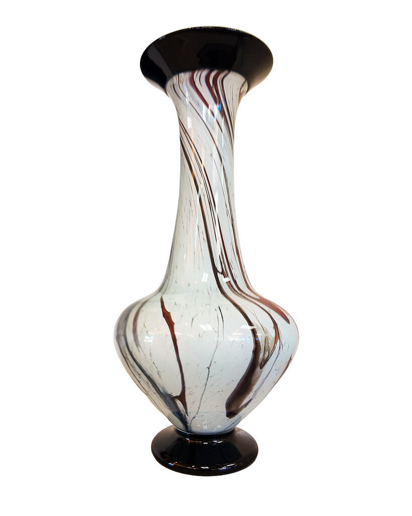 LaChausse Hand Blown Art Glass Vase, Marbled Blk,Grey,Brn Swirls, Blk Rim & Base 8Dia 16.5H
