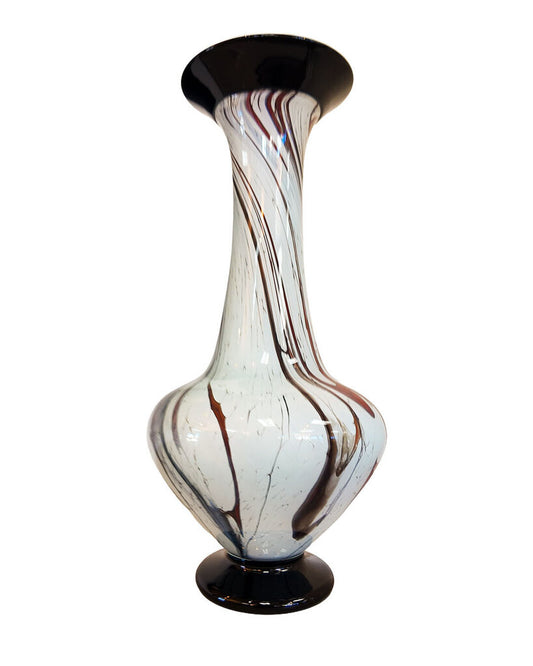 LaChausse Hand Blown Art Glass Vase, Marbled Blk,Grey,Brn Swirls, Blk Rim & Base 8Dia 16.5H